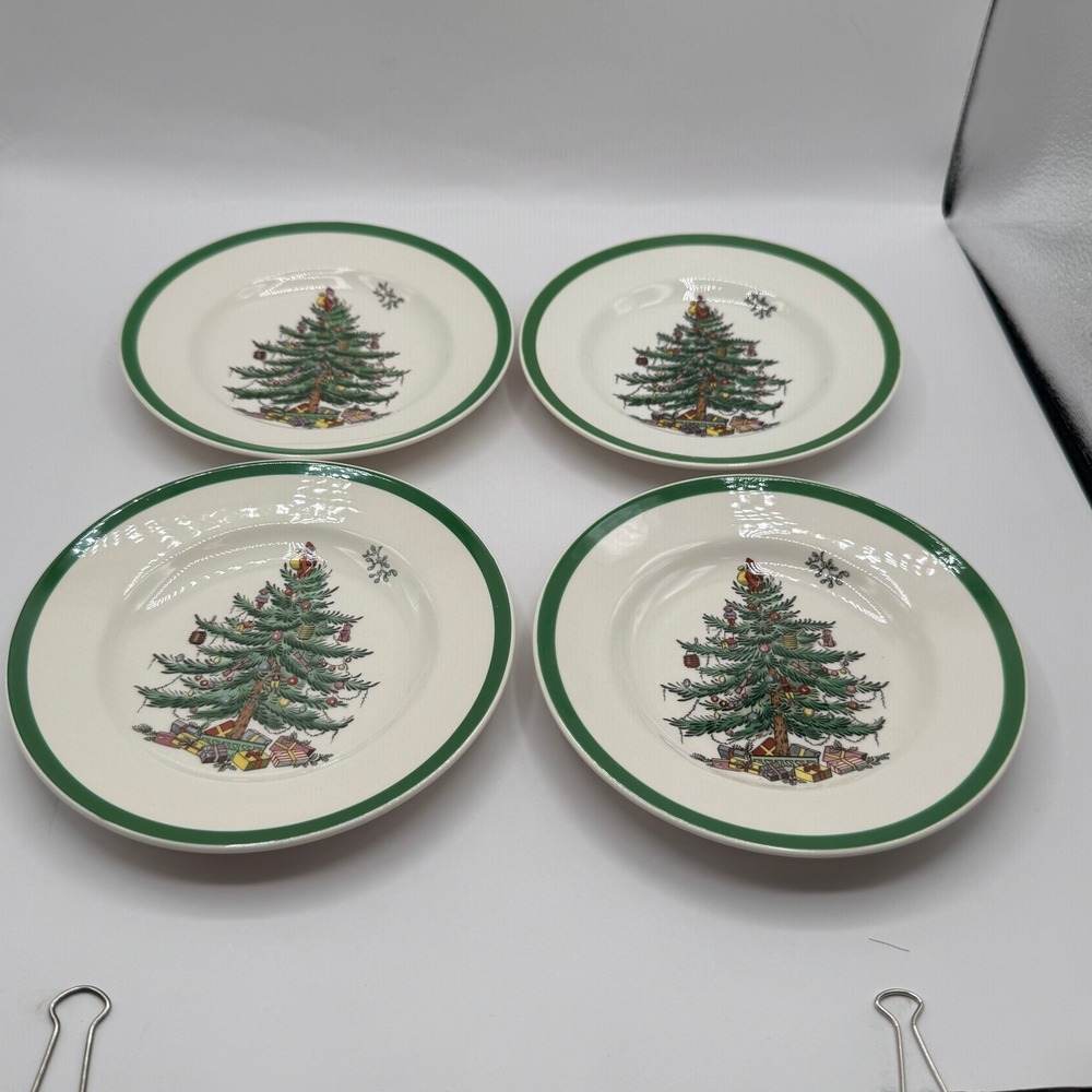 Spode Bread Butter Plates Set 4 6.25in White Green Christmas Tree S3324 England